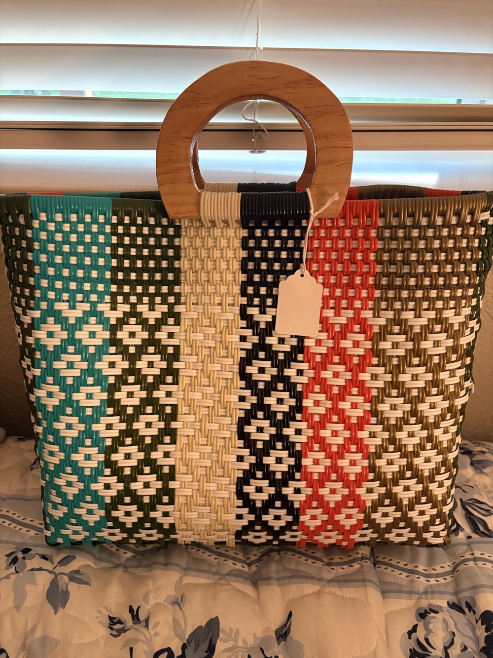 Handmade Multicolor Straw Tote with Wooden Handles